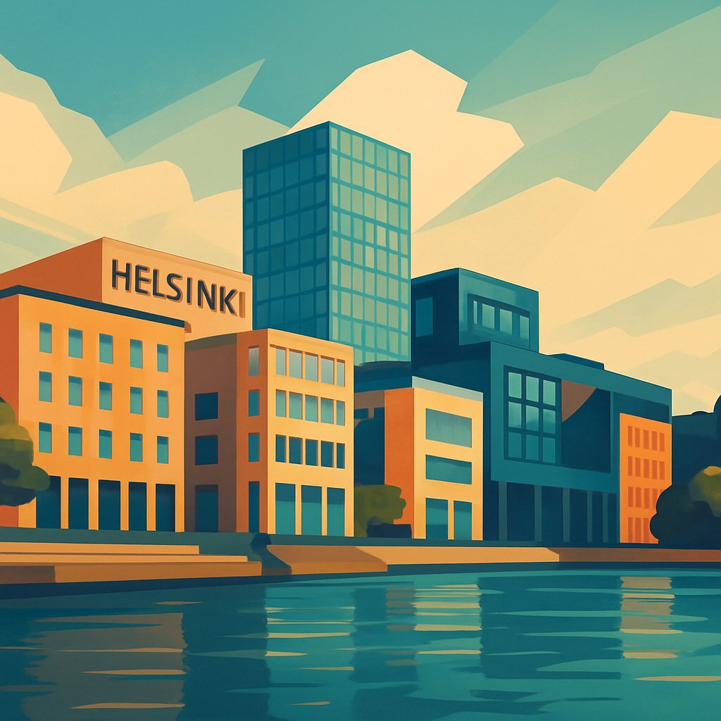 Abstract illustration of Helsinki waterfront with modern buildings at sunset for Finland tourist visa guide