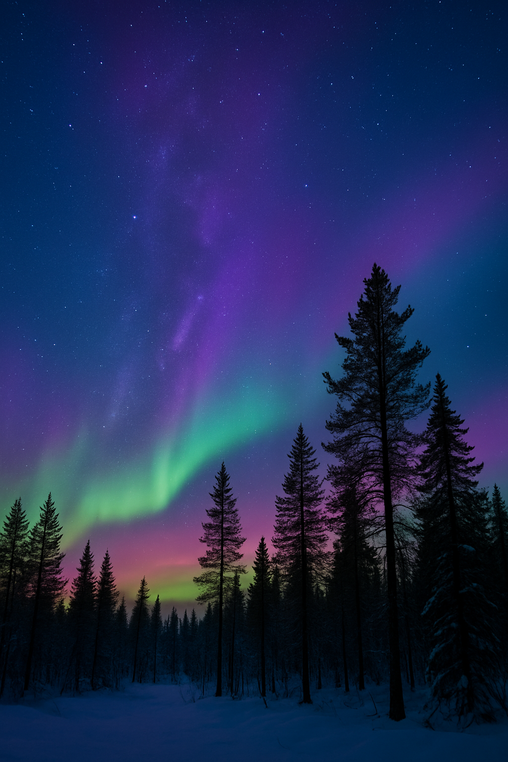 Northern lights over Finnish forest under starry sky